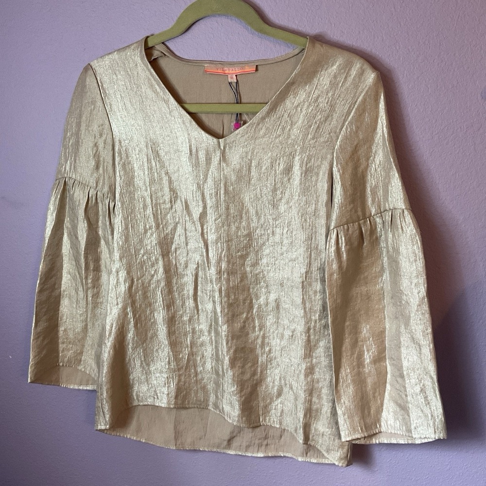 Vilagallo Shimmery Metallic Gold Camel Cream Top Size 36 Boho Chic Medium New